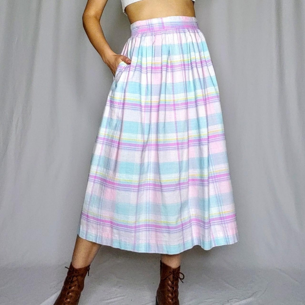 Vintage pastel plaid midi skirt